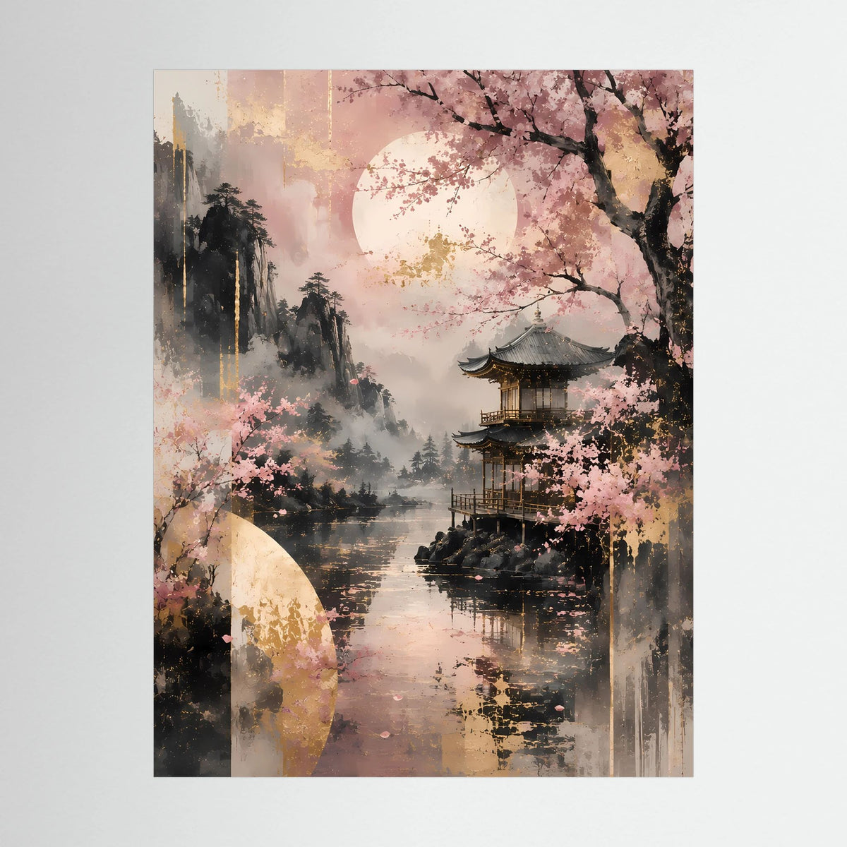 Kirschblüten-Tempelmotiv am See in Rosa und Gold als Hochformatdruck, nahansicht