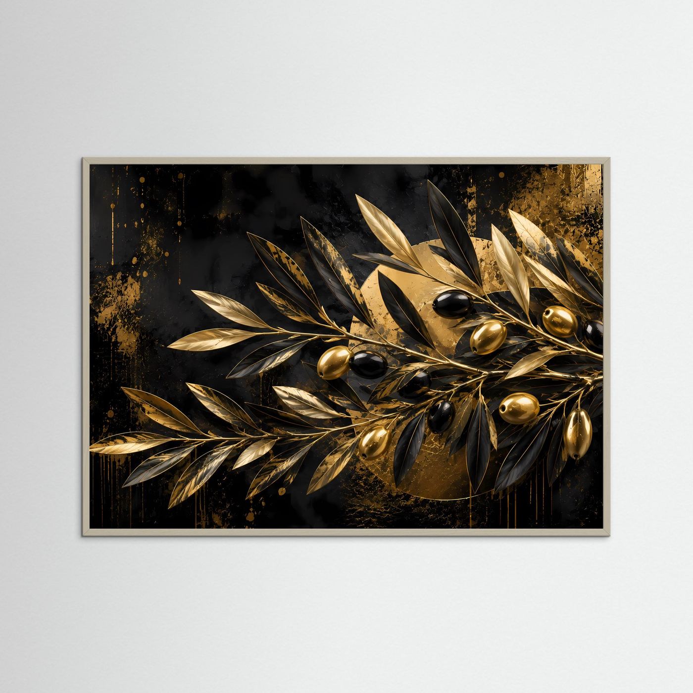 Abstraktes Poster mit goldenem Olivenzweig auf dunklem Hintergrund im grauen Rahmen