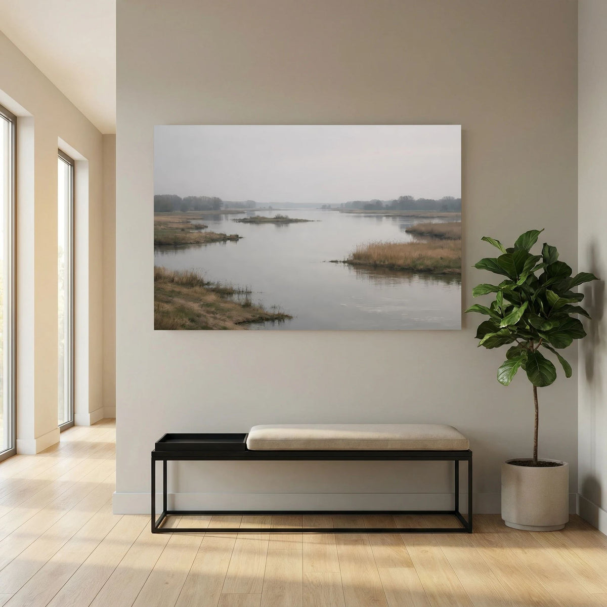 Wandbild im Querformat mit Flusslandschaft im Morgennebel neben dem Sideboard