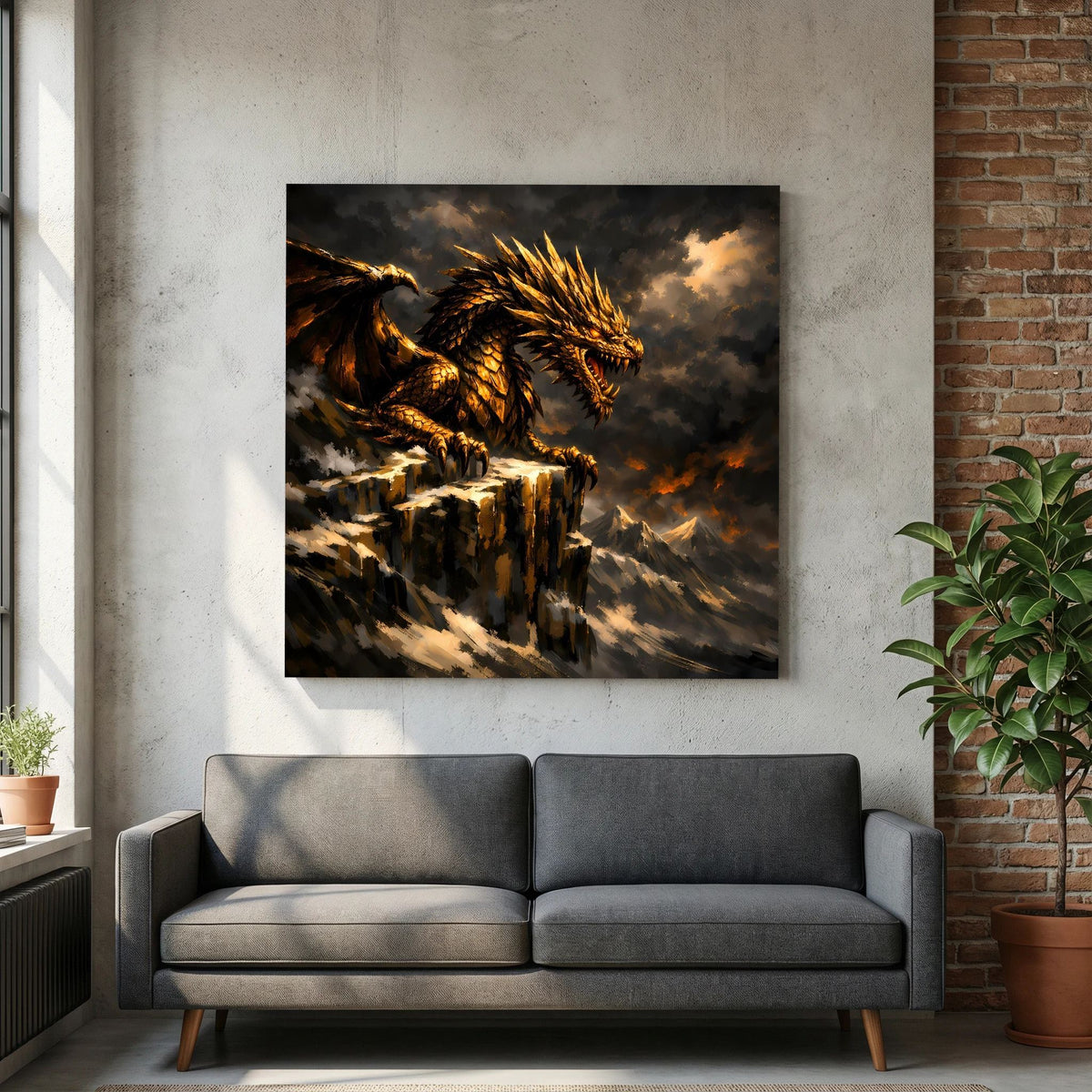 Keilrahmen-Wandbild mit goldenem Drachen über Felsklippe, warme Lichtpunkte in Wolken