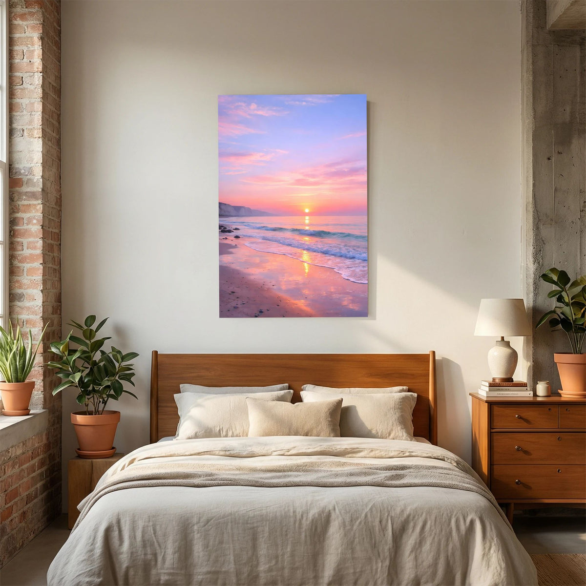 Hochformatiges Wandbild mit Sonnenaufgang über dem Meer, rosa Himmel und feuchtem Sand