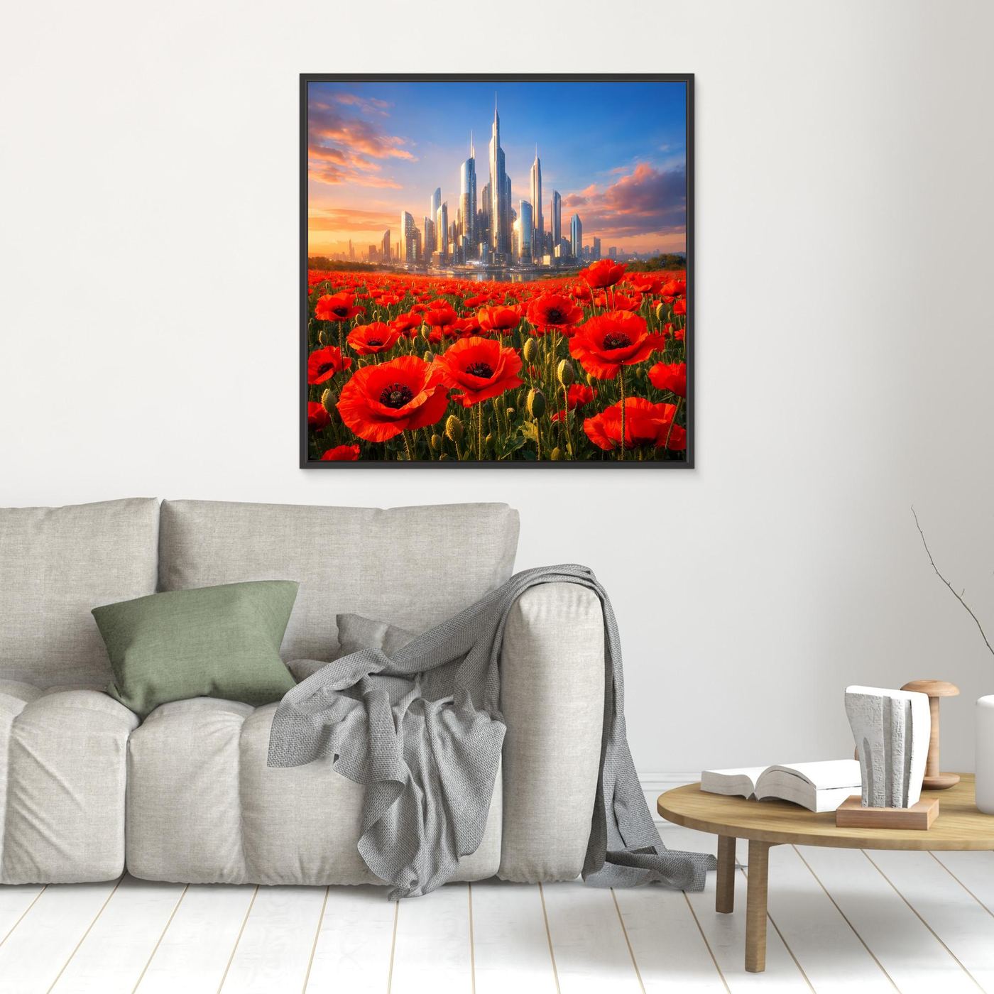 Leinwandbild mit rotem Mohnfeld und futuristischer Skyline im schwarzen Rahmen