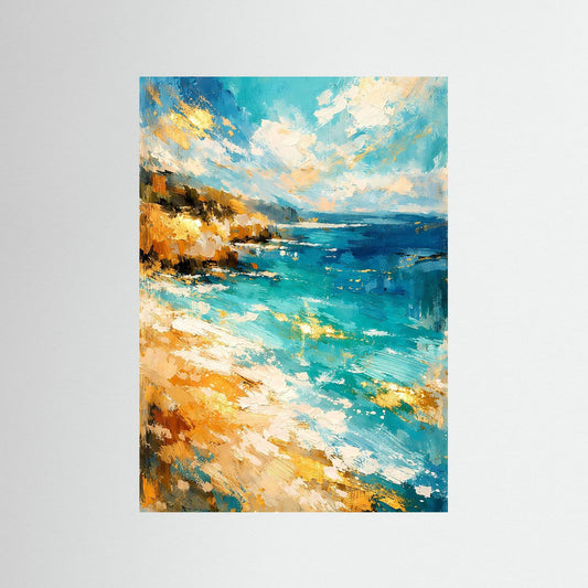 Hochformatiges Küsten-Poster: abstraktes Meer in Türkis/Tiefblau, goldene Sandküste.