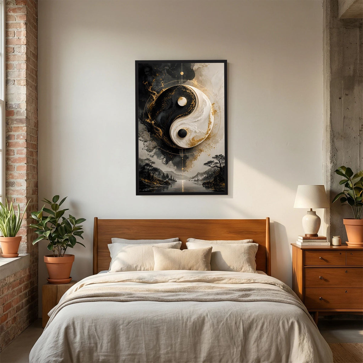 Yin-Yang-Poster Hochformat in schwarzem Rahmen, über einem Bett mit weißer Bettwäsche