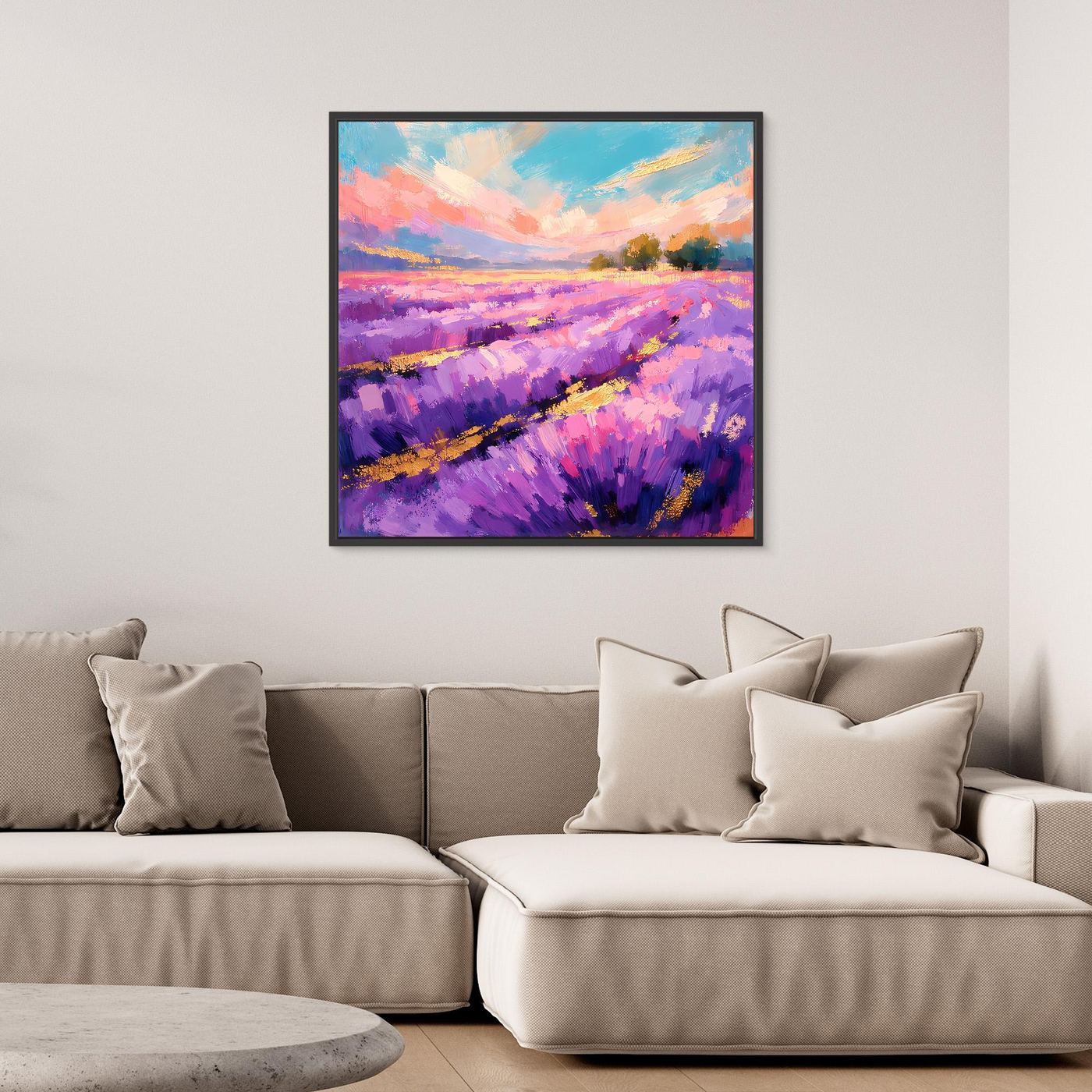 Gerahmtes Leinwandbild mit Lavendelfeld in Violett und blauem Himmel