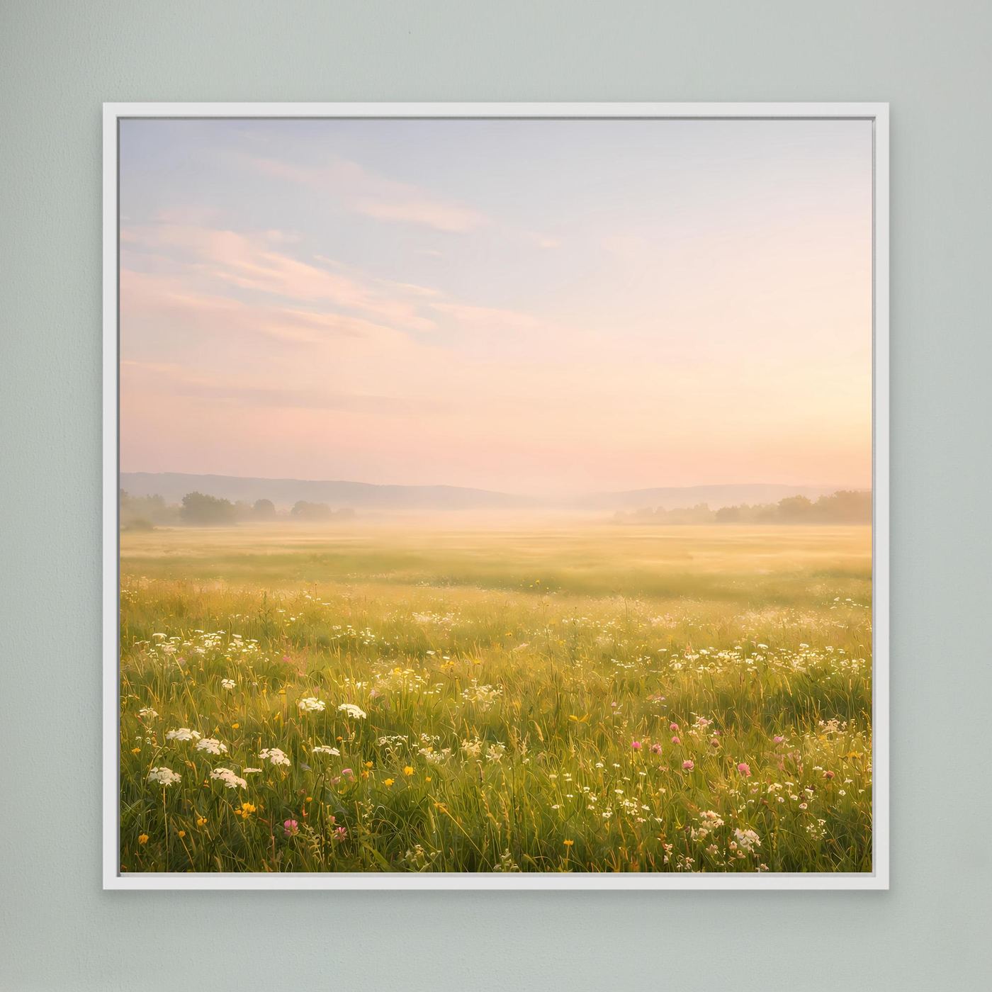Leinwandbild mit nebliger Blumenwiese, Pastell-Abendhimmel, weiß gerahmt