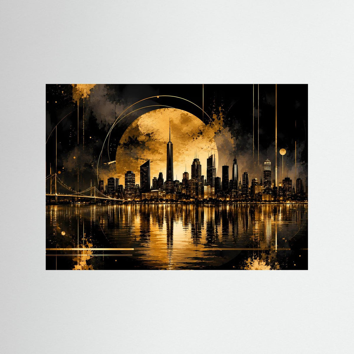 Poster im Querformat mit goldener Skyline bei Nacht und Spiegelung auf dunklem Hintergrund