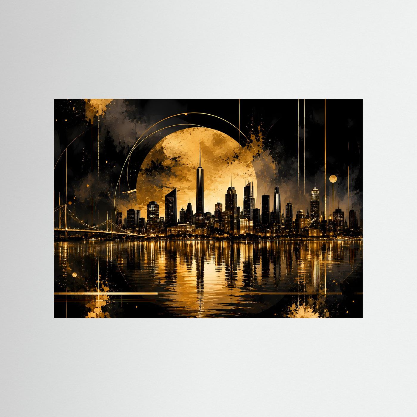 Poster im Querformat mit goldener Skyline bei Nacht und Spiegelung auf dunklem Hintergrund