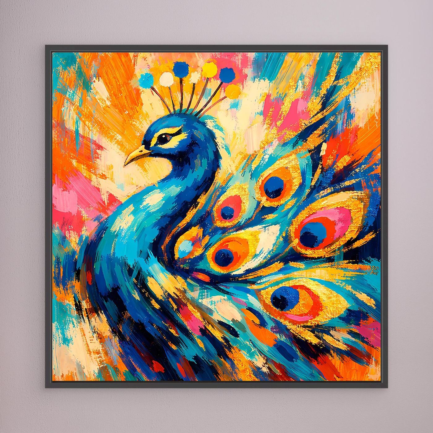 Leinwandbild mit schwarzem Rahmen: abstrakter Pfau mit runden Augen in Blau und Orange
