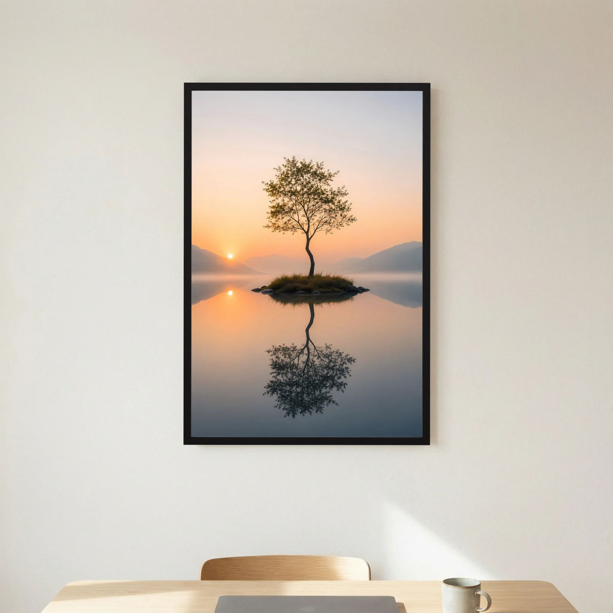 Poster im Hochformat mit schwarzem Rahmen und Rand: Baum auf Insel, Spiegelung