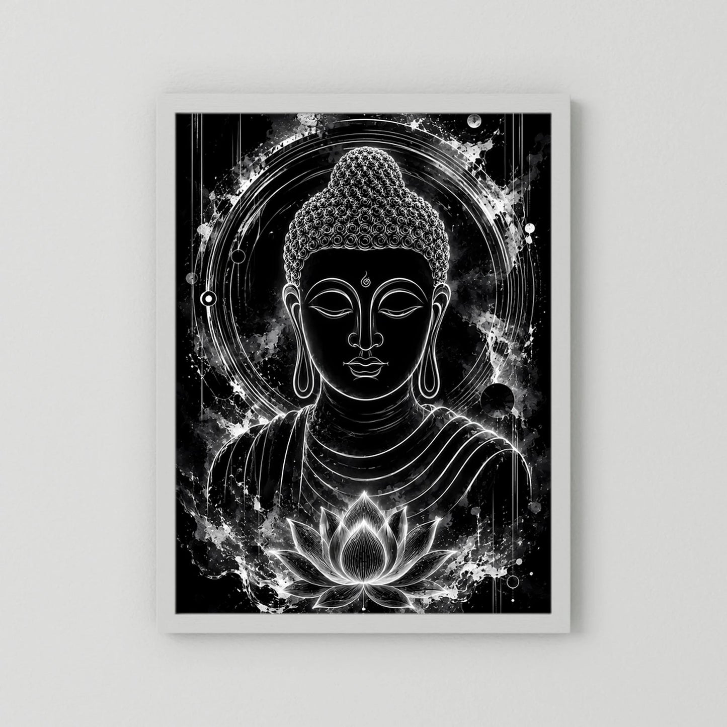 Hochformat-Poster mit Buddha-Gesicht, Lotusblüte und Lichtkreis, schwarz-weiß, weißer Rahmen