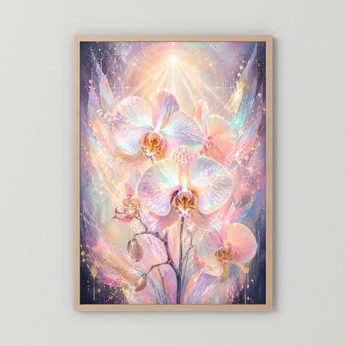 Poster im Hochformat mit Pastell-Orchideen, Holzrahmen hellbraun und weißer Rand