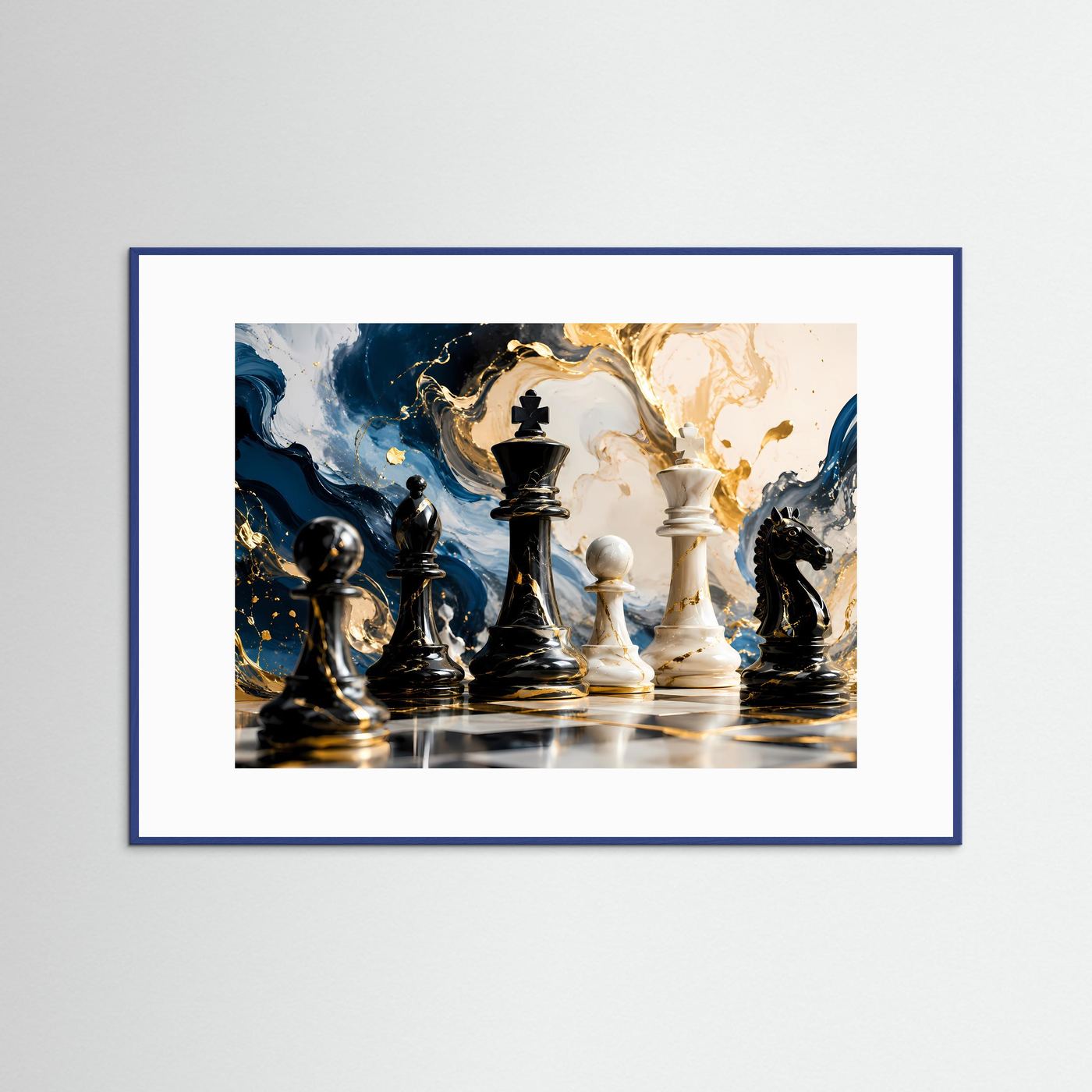 Elegantes Schachspiel in Blau, Weiß & Gold | Strategie & Abstrakte Kunst Wandbild