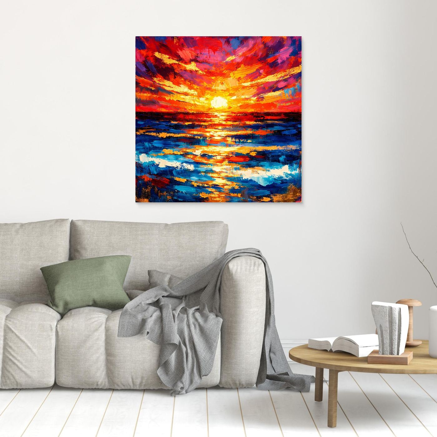 Leinwandbild mit abstrahiertem Sonnenuntergang über dem Meer, kleineres Motiv, hellbrauner Rahmen.