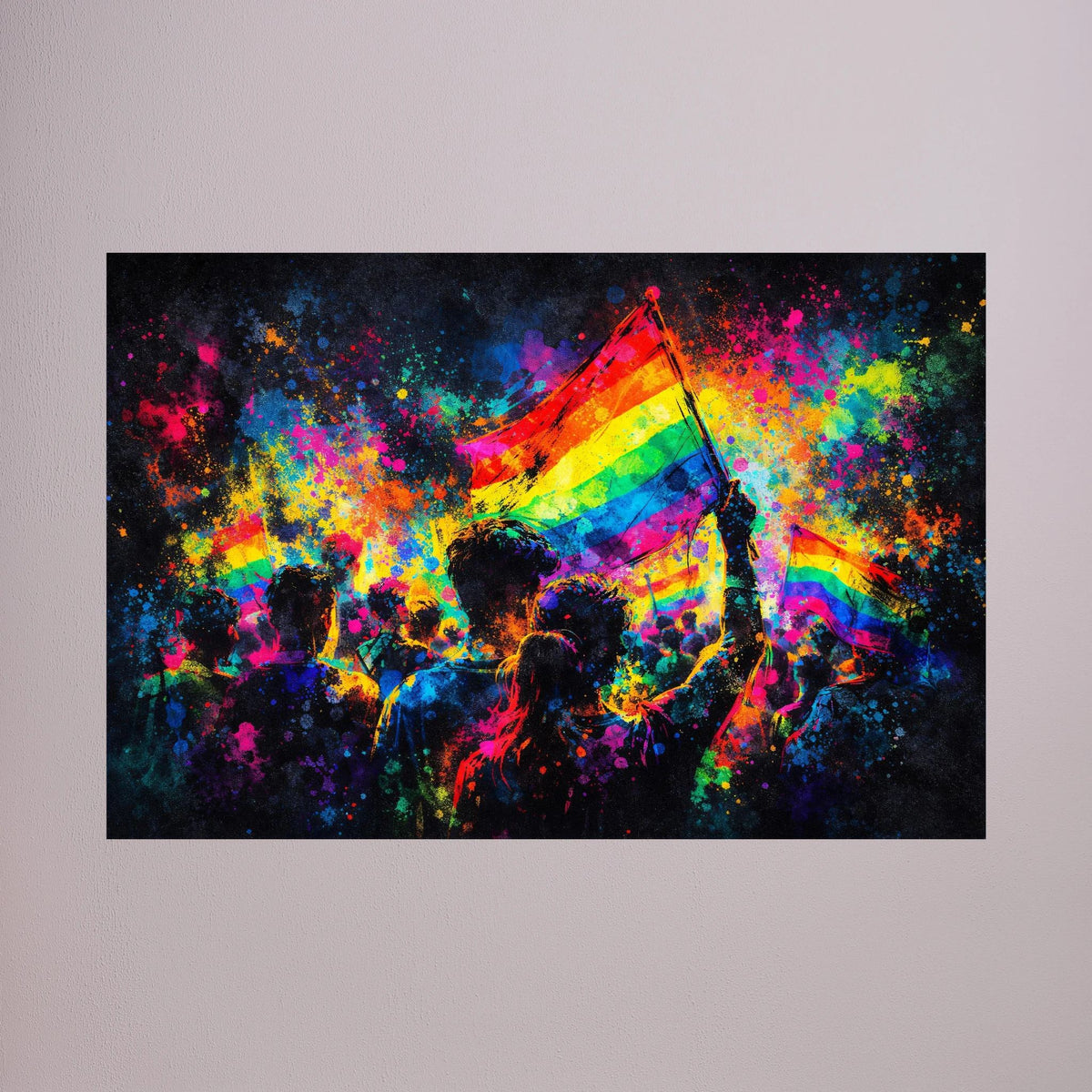 Querformatiges Wandbild mit Regenbogenflagge und Menschenmenge, bunte Spritzfarben