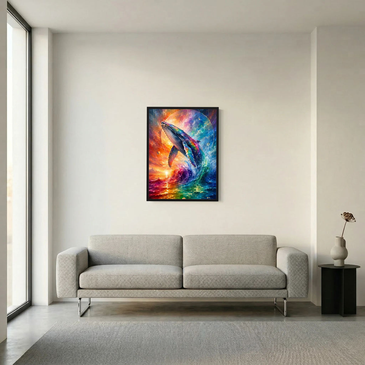 Abstraktes Walfisch-Poster im Hochformat mit Regenbogenfarben, schwarzer Rahmen