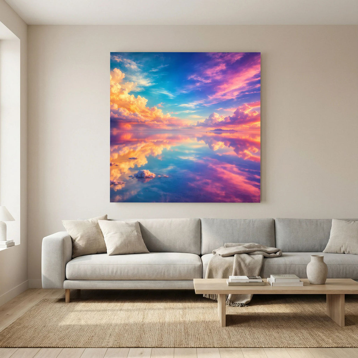 Quadratisches Leinwandbild: orange und violette Wolken vor blauem Himmel