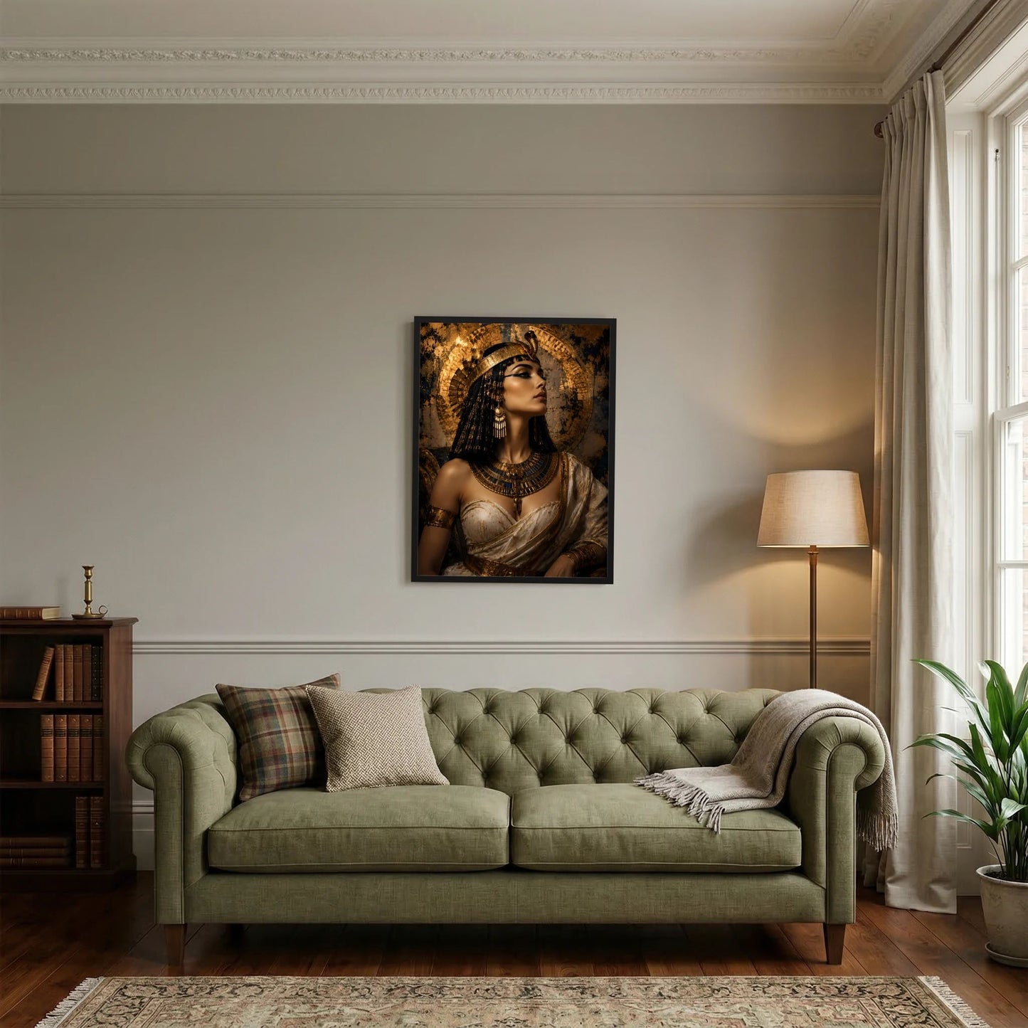 Hochformat-Poster mit Porträt einer ägyptischen Königin in Goldtönen, schwarzer Rahmen
