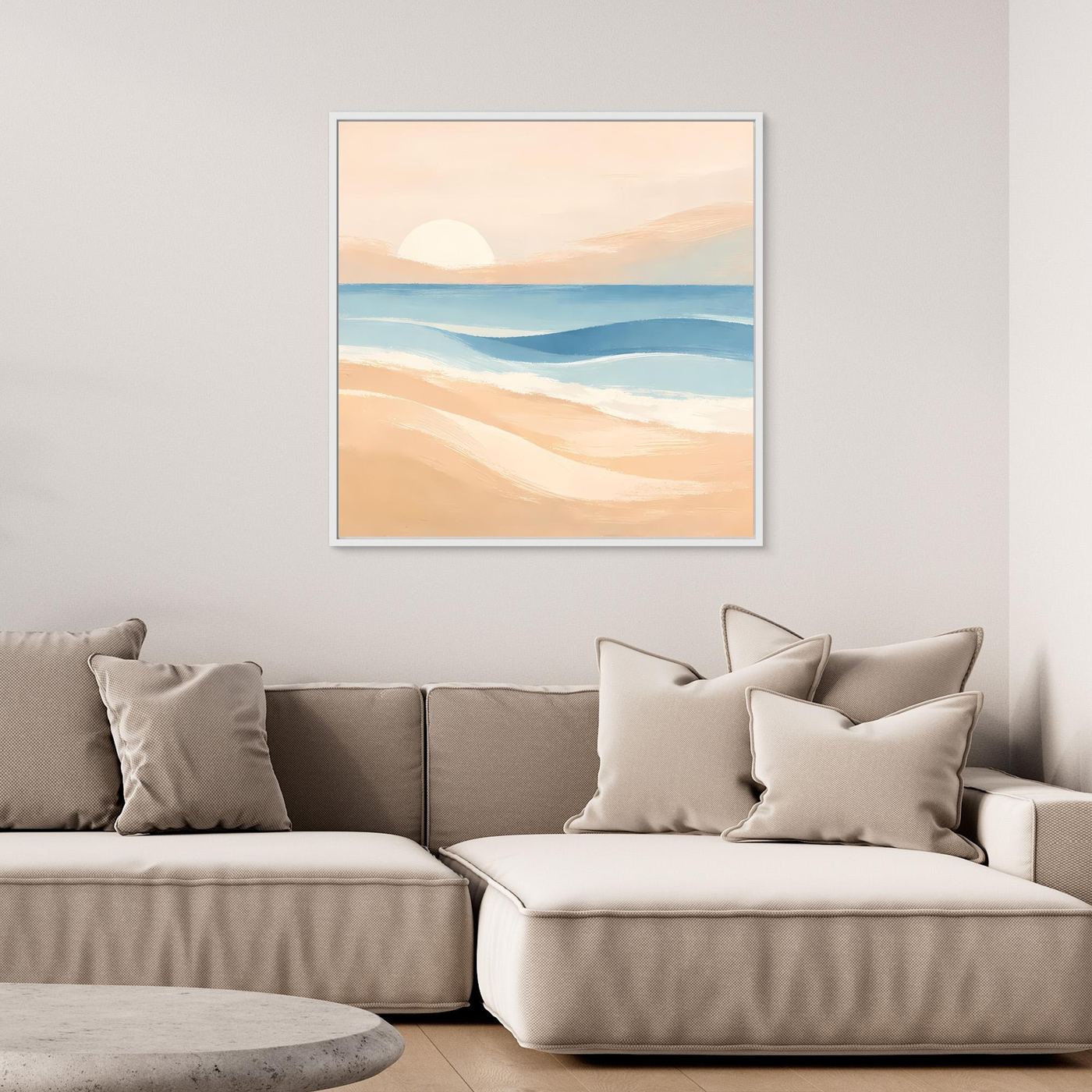 Leinwandbild Strand-Sonnenuntergang, abstraktes Meer in Pastelltönen mit hellem Rahmen
