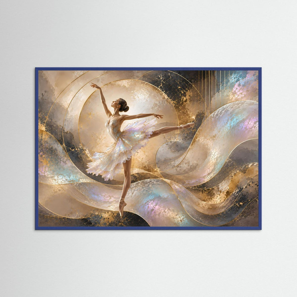 Ballett-Wandkunst mit tanzender Ballerina im Schleier, Perlmutt- und Goldtöne, blauer Rahmen