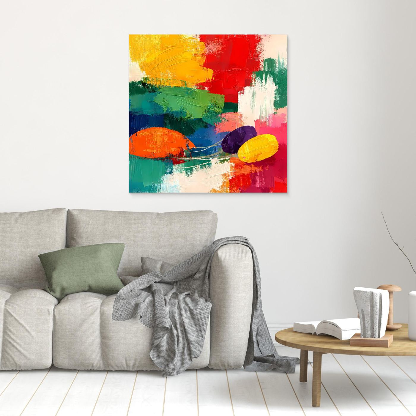 Abstraktes Leinwand-Wandbild mit bunten Farbklecksen ohne sichtbaren Rahmen