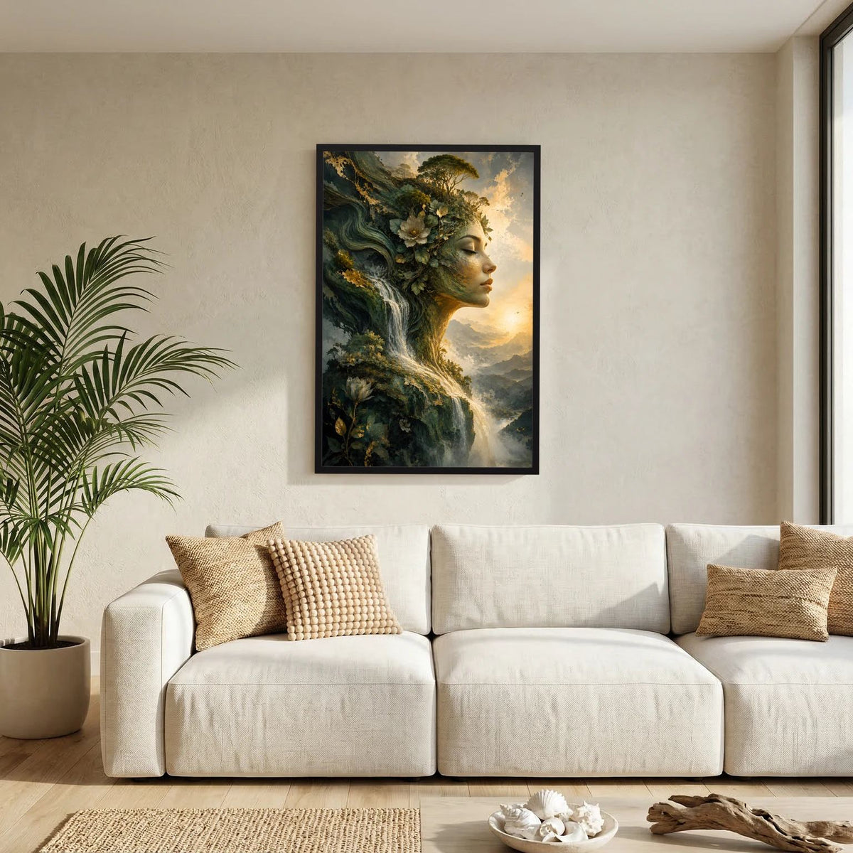 Wandposter mit Porträt einer Naturfrau: Wasserfall durch Wald, Hochformat, schwarzer Rahmen