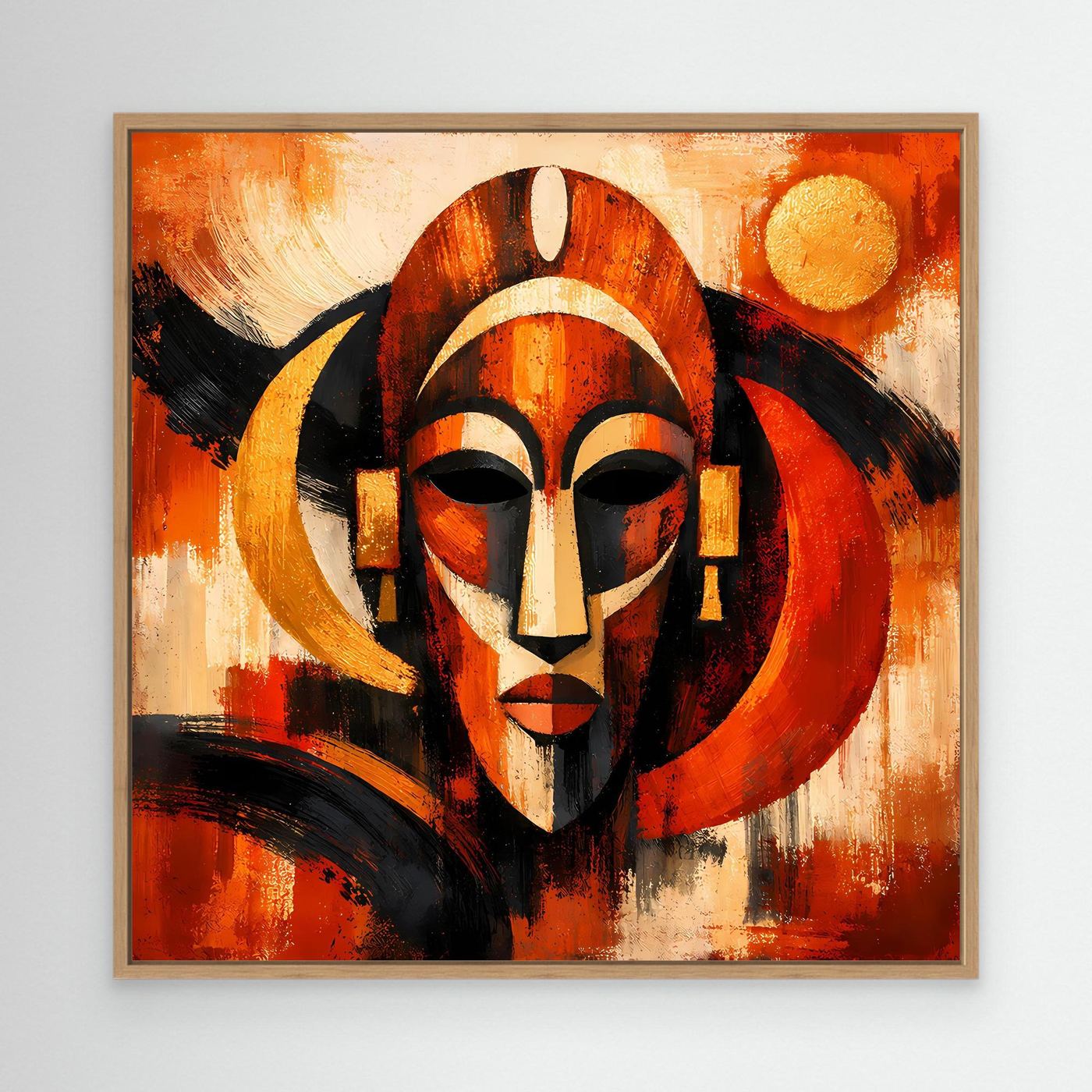 Wandbild mit hellem Holzrahmen, abstrakte afrikanische Maske in Orange und Schwarz