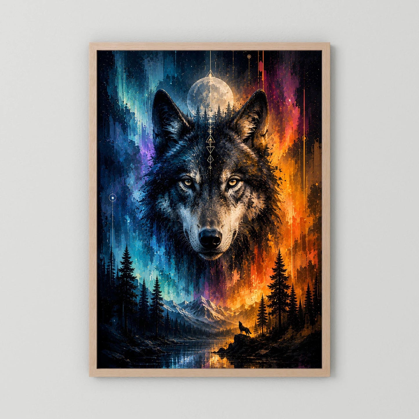 Poster im Hochformat mit zwei Wölfen, Mond und Wald, Blau-Orange, hellbrauner Holzrahmen