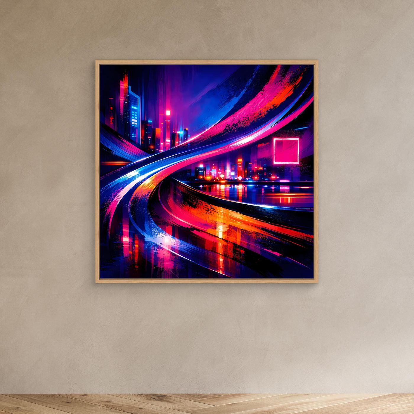Leinwandbild mit hellem Holzrahmen, Cyberpunk-Neon-Skyline und rote-blaue Lichtspuren