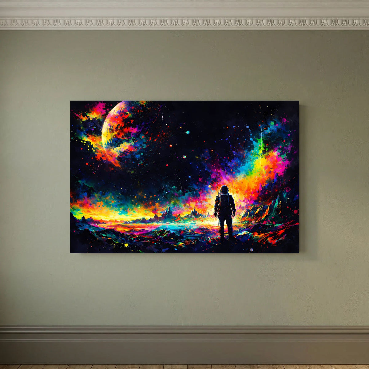 Wandbild mit Astronauten-Silhouette im Farben-Kosmos, mit dunkler Einfassung
