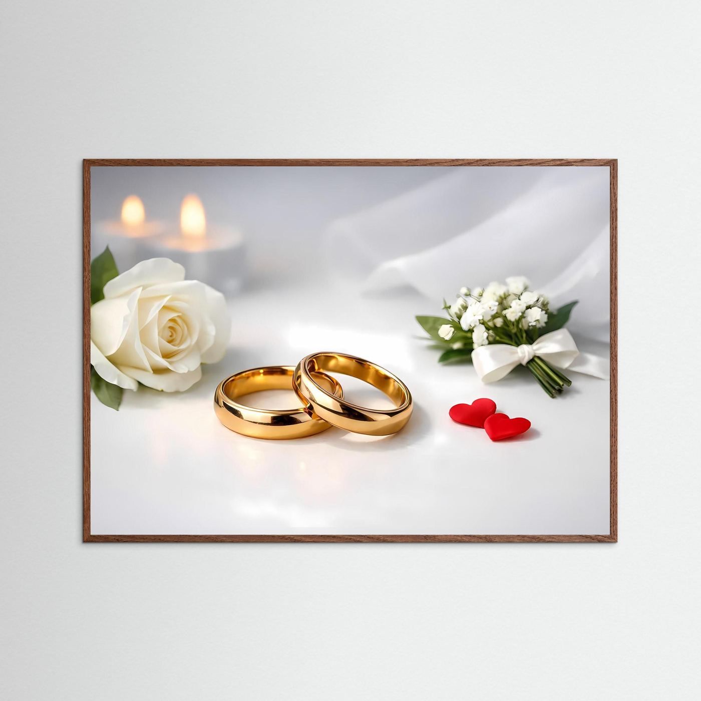Hochzeits-Poster im braunen Rahmen mit goldenen Eheringen, weißer Rose und Kerzen