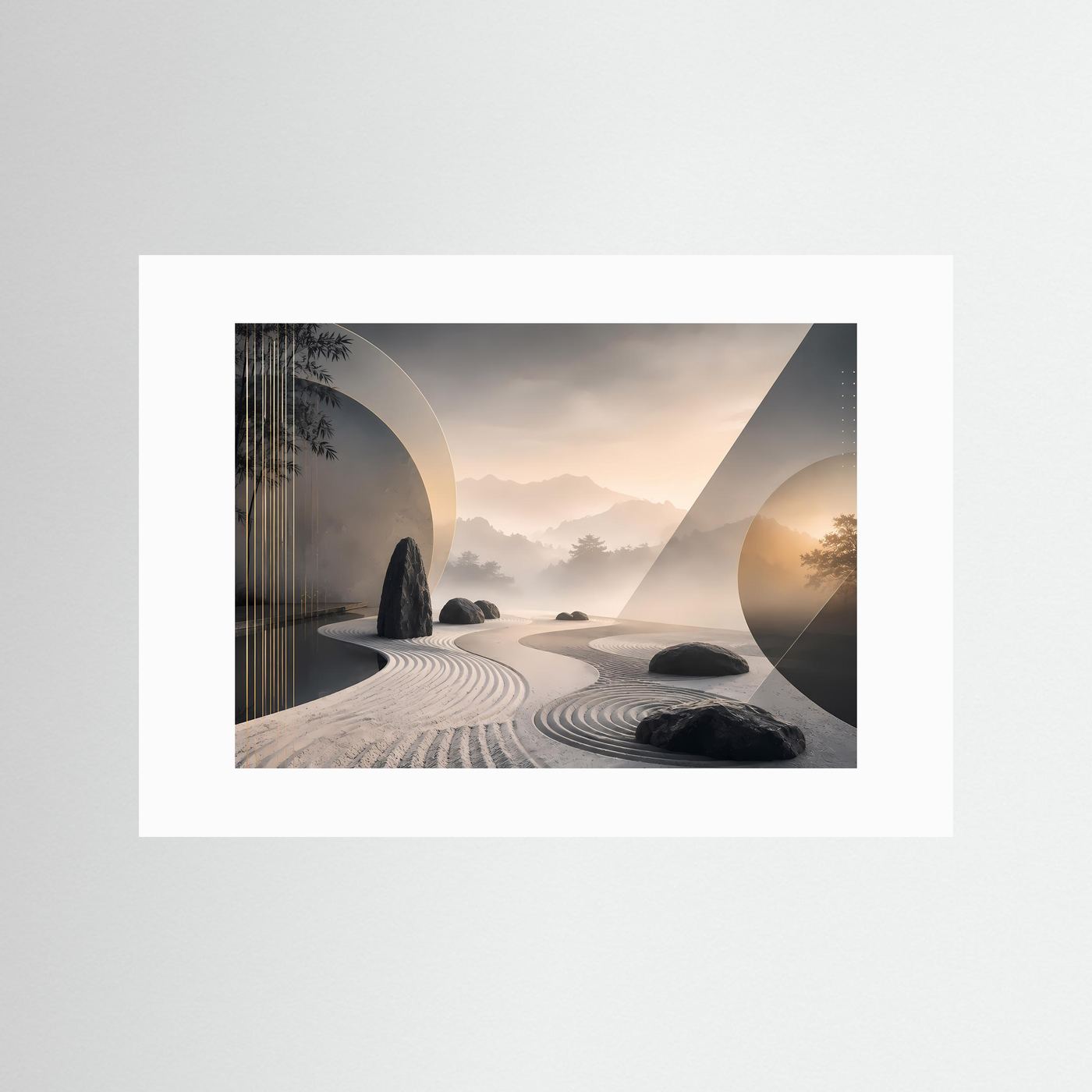 Querformatposter mit Zen-Garten: Kiesmuster, Felssteine und Berglandschaft mit weißem Rand