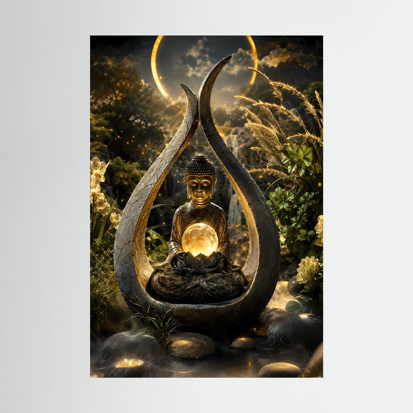 Buddha-Kunstposter: meditierende Figur im Tropfenmotiv mit goldener Lichtkugel, dunkel.