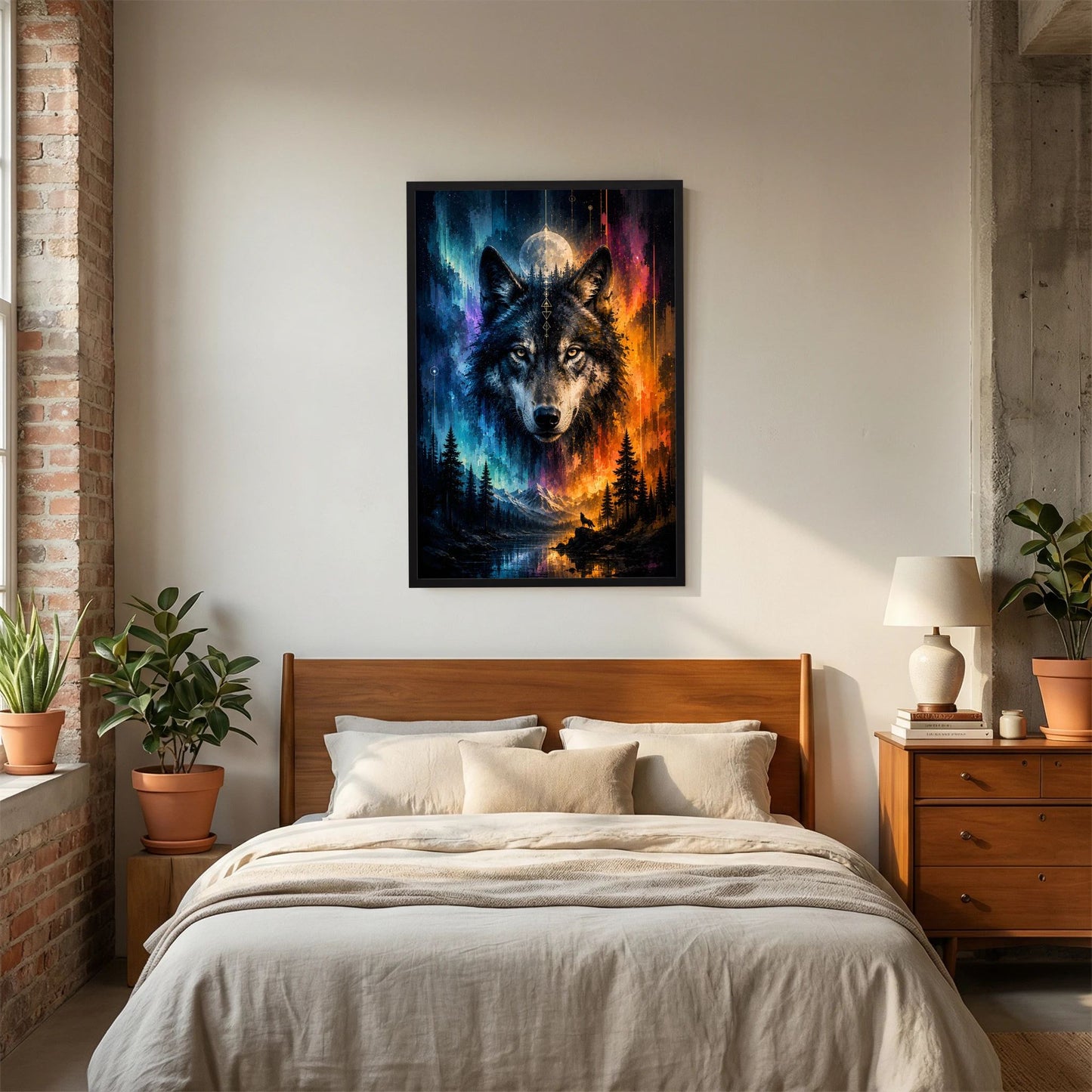Poster im Hochformat mit zwei Wölfen, Mond und Wald, Blau-Orange, schwarzer Rahmen
