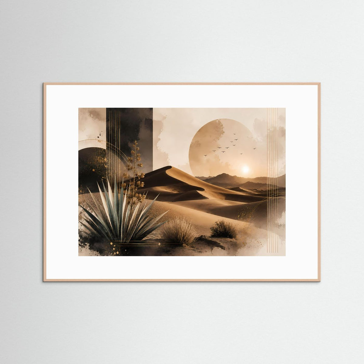 Querformat-Poster mit abstrakten Sanddünen, Palmen und goldenem Sonnenuntergang im Holzrahmen mit weißem Rand