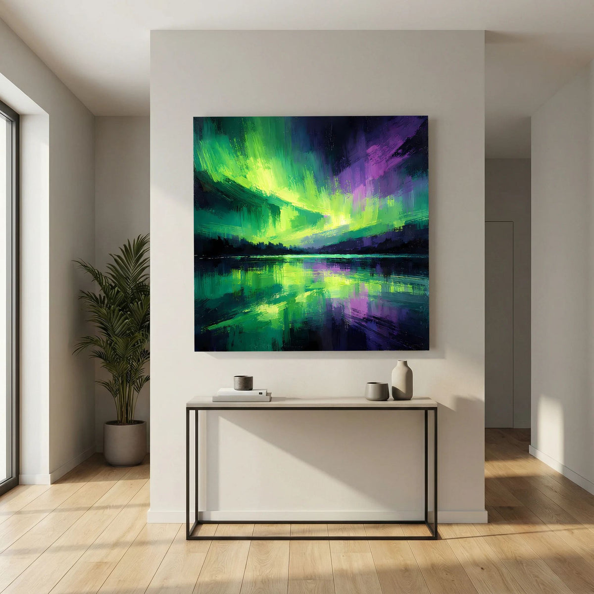 Leinwand-Wandbild: Aurora in Grün und Violett über spiegelndem See, dunkler Bildrand