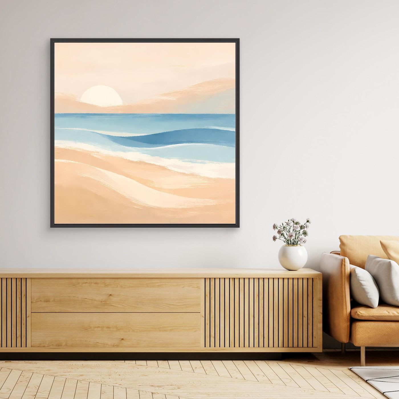 Gerahmtes Leinwandbild mit abstraktem Meer und Pastell-Sonnenuntergang, schwarzer Rahmen