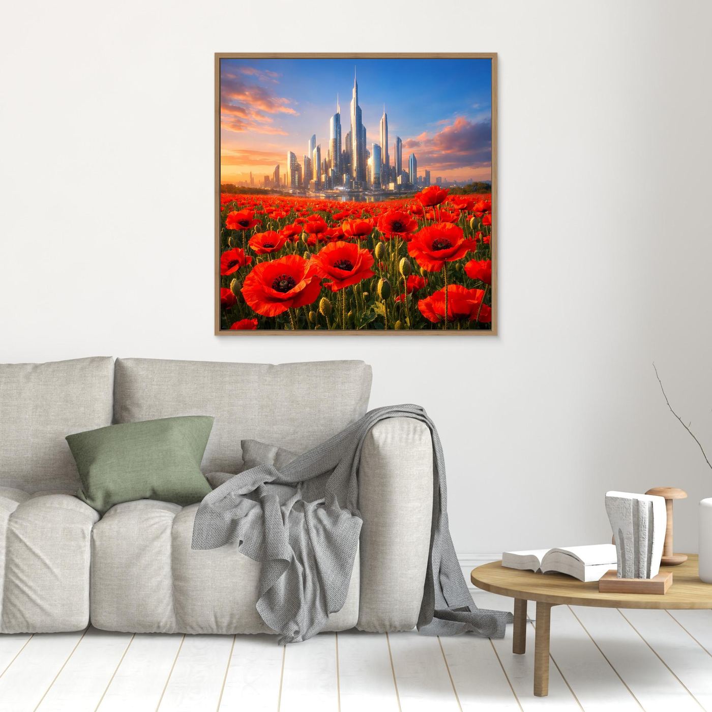 Leinwandbild mit rotem Mohnfeld und futuristischer Skyline im braunen Rahmen