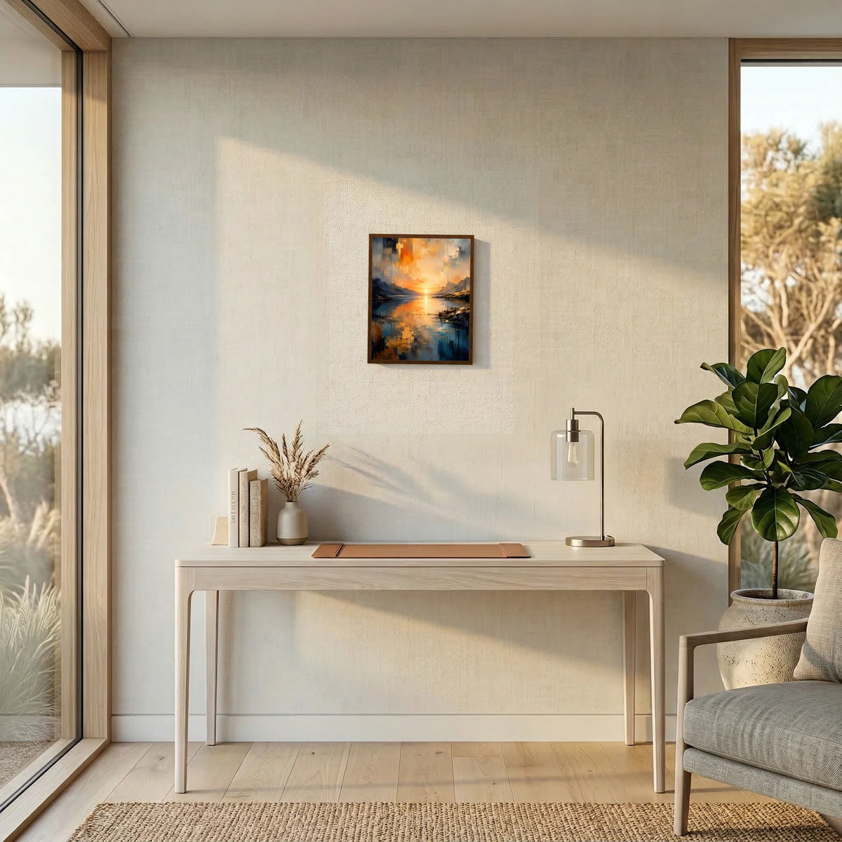 Kleines gerahmtes Poster an der Wand mit abstrakter Berglandschaft und Sonnenaufgang über dem See