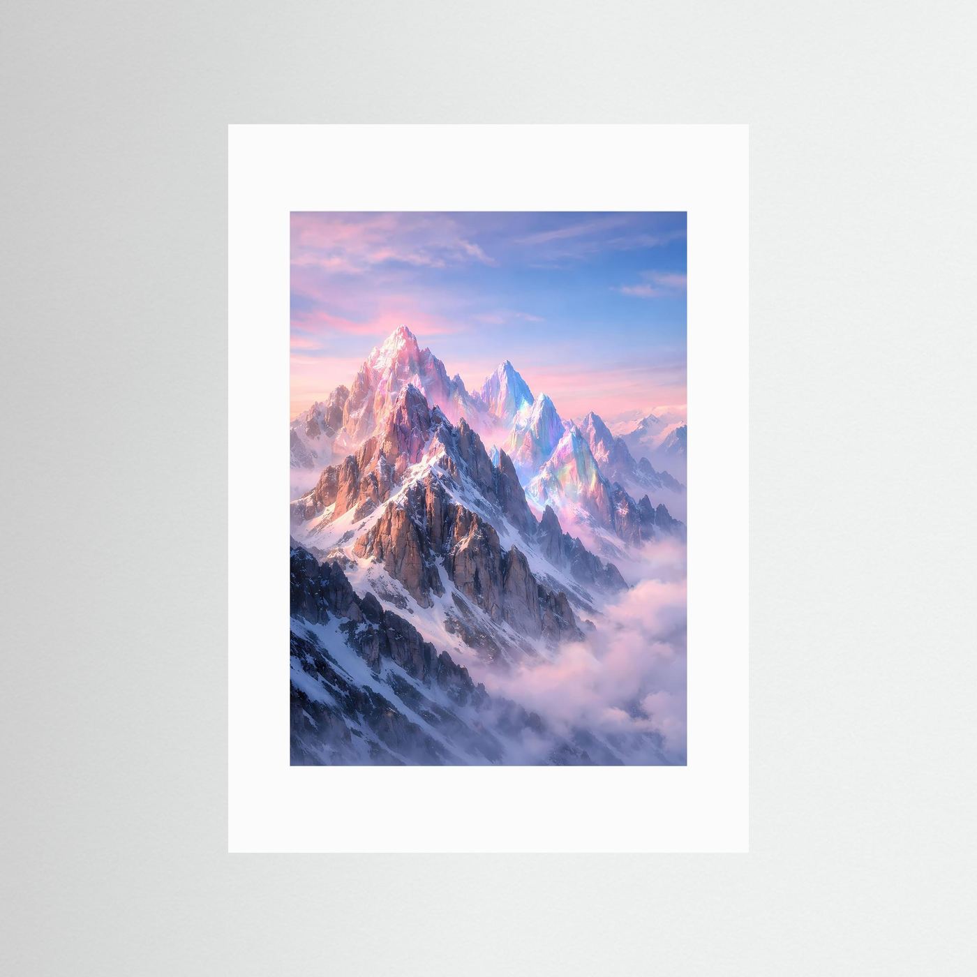 Fantasy-Bergposter mit kristallklaren Gipfeln in Pastellrosa und Eisblau mit weißem Passepartout