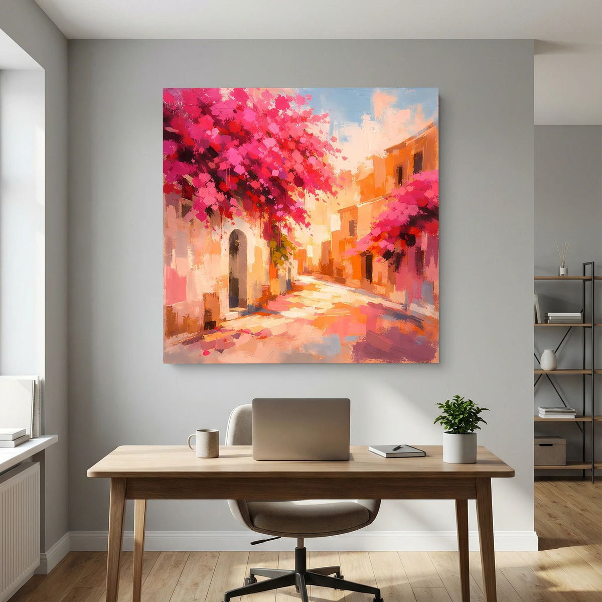Leinwandbild abstrakte Straße mit rosa Blütenfläche, orange Gebäudewänden und hellem Licht