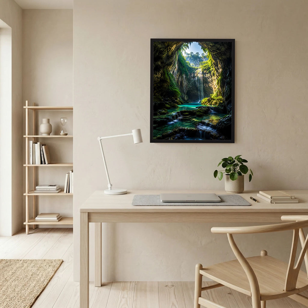 Kleines Kunstposter mit Wasserfall in der Dschungelhöhle und türkisfarbenem Bachlauf, schwarz gerahmt