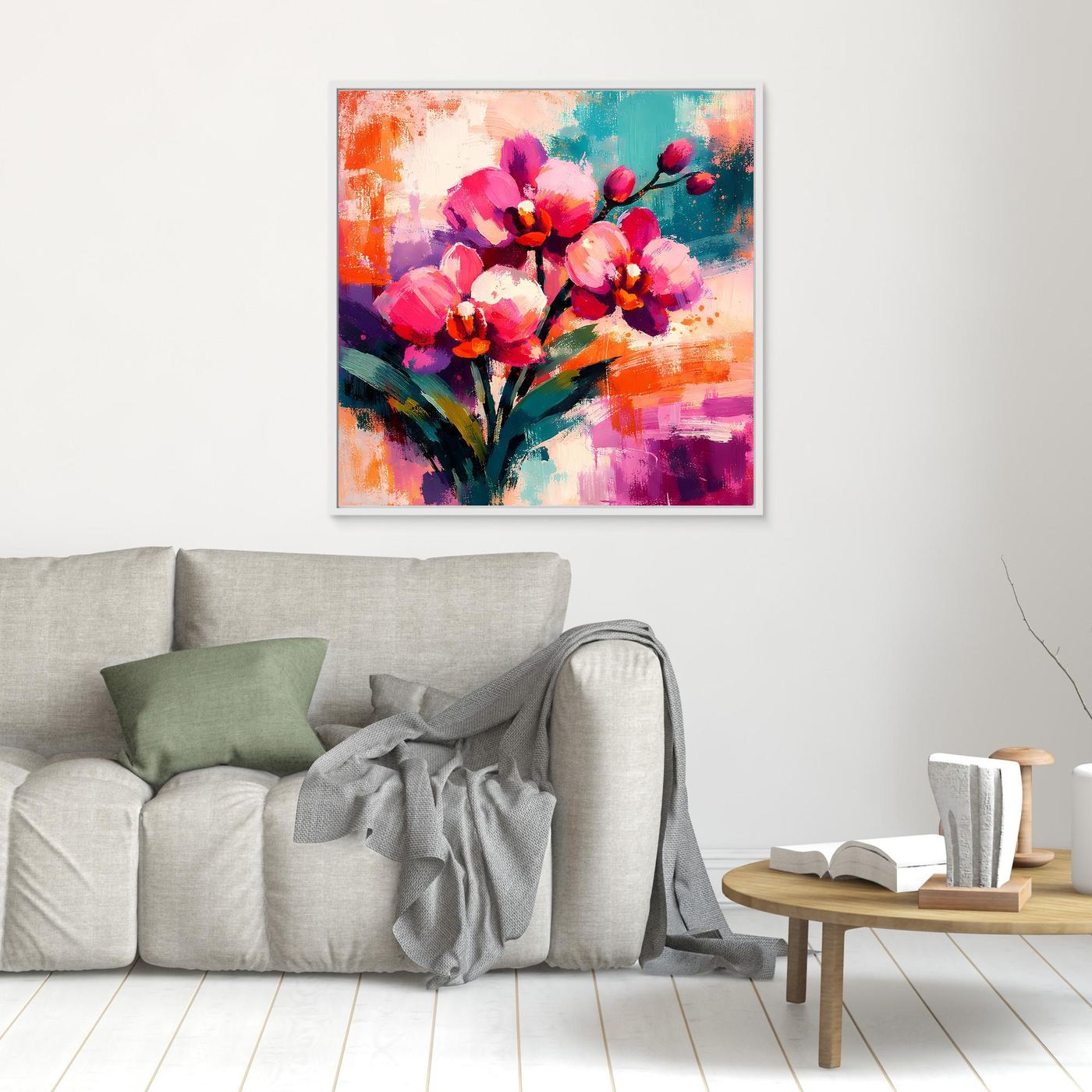 Kleines Leinwand-Wandbild mit abstrakten Orchideen in Pink und Türkis, weiß gerahmt