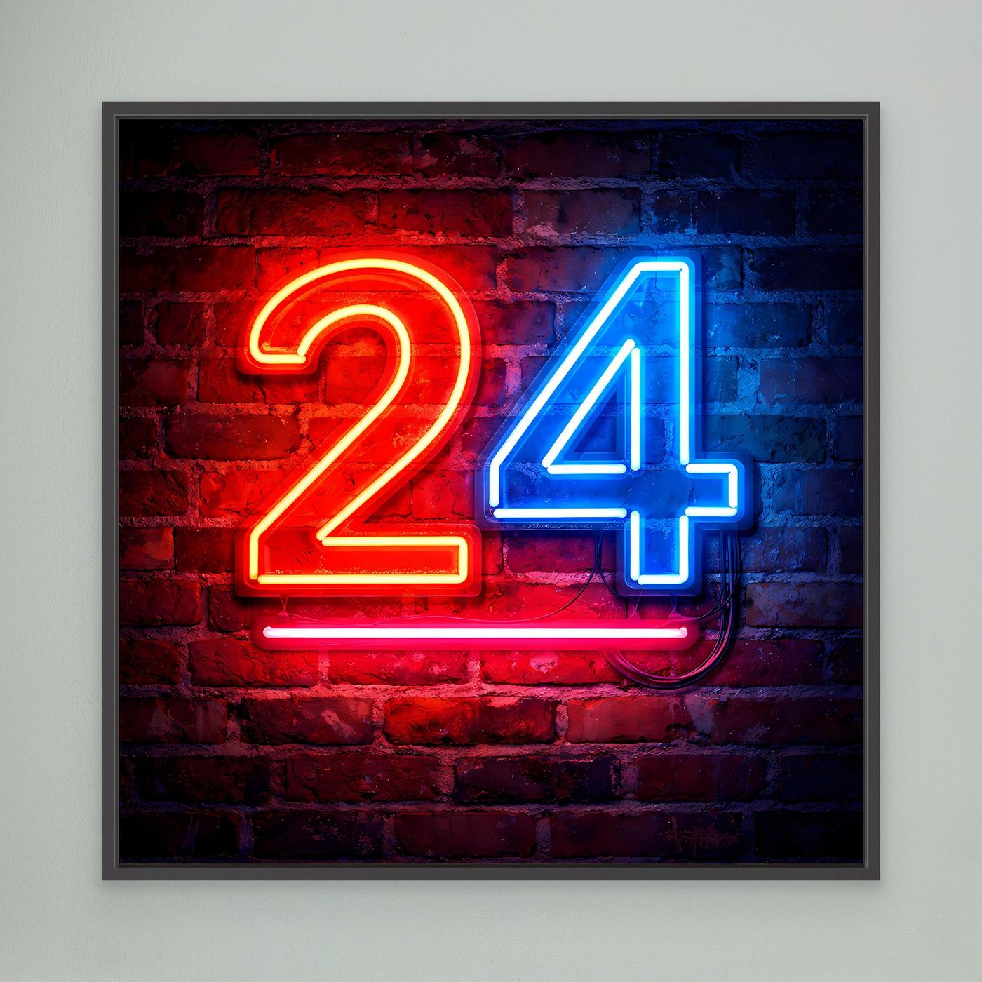 Leinwandbild mit Neon-Zahl „24“ auf Backstein, schwarzer Rahmen