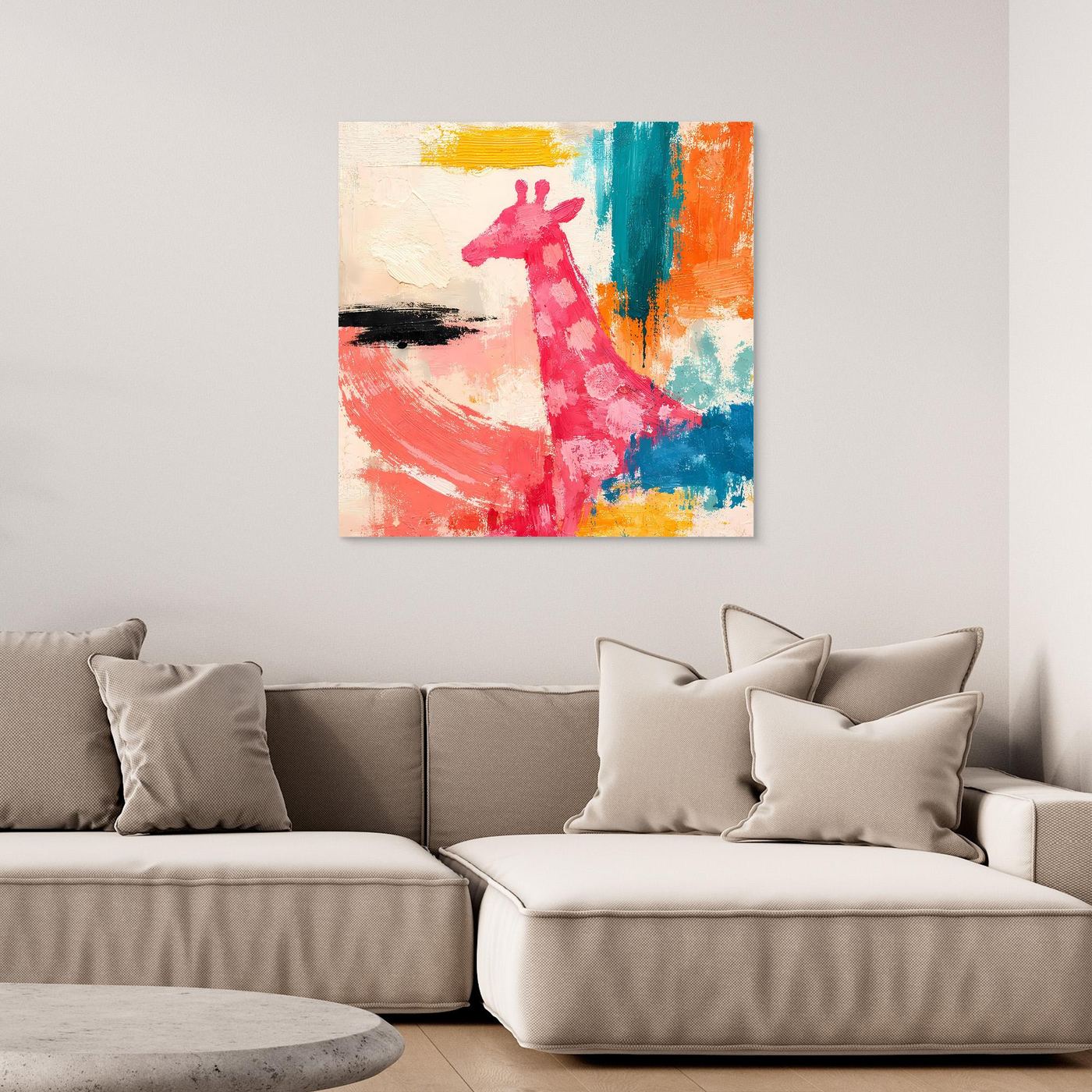 Leinwandbild mit abstrakter Giraffe im Pop-Art-Stil, pinke Silhouette auf bunten Flächen