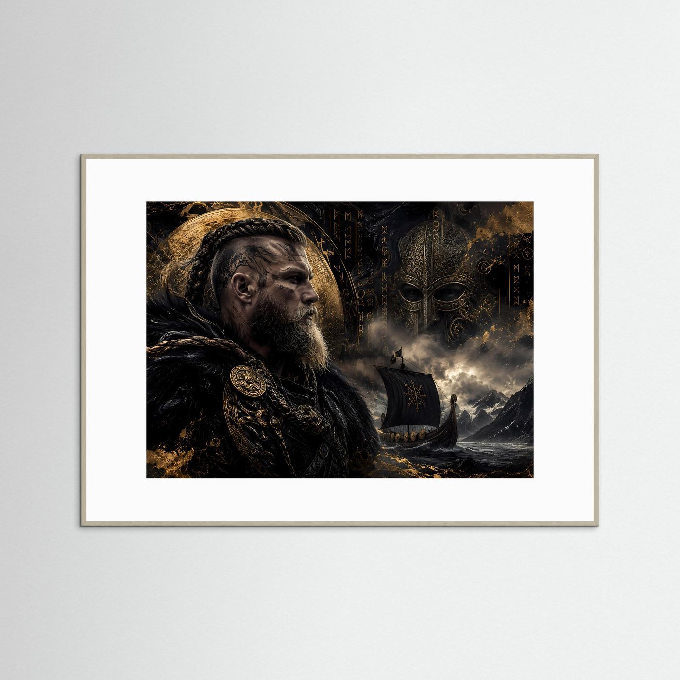 Epischer Wikinger-Krieger auf hoher See | Nordische Mythologie & Drachenschiff Poster Querformat