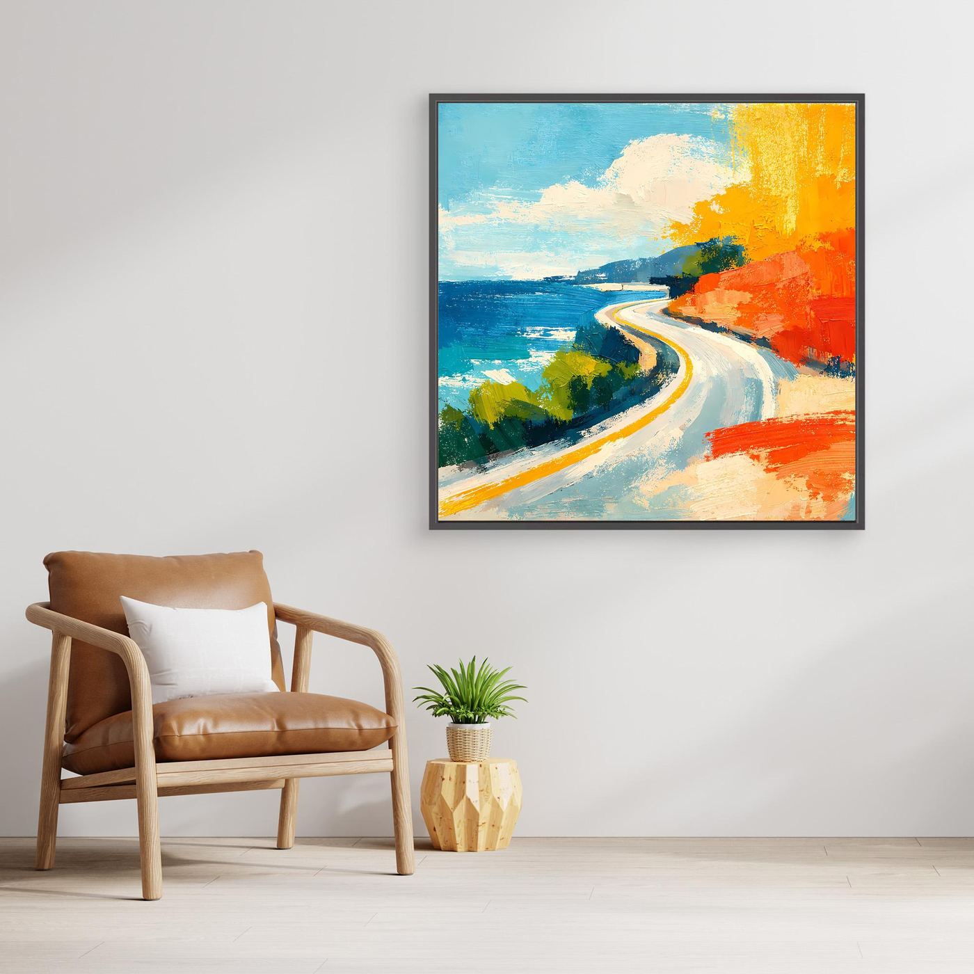 Coastal road abstract wall art with dark frame, blue sea and orange coast with winding road.