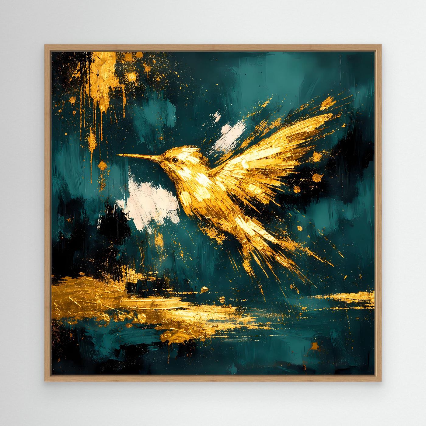 Leinwand Goldener Kolibri im Flug | Abstraktes Modernes Vogel Wandbild Kunst