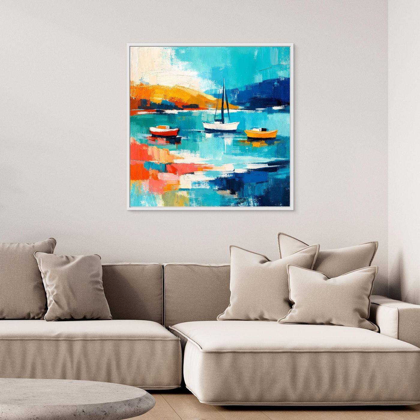 Abstract sailboat wall art with white frame, blue water reflections and orange boats