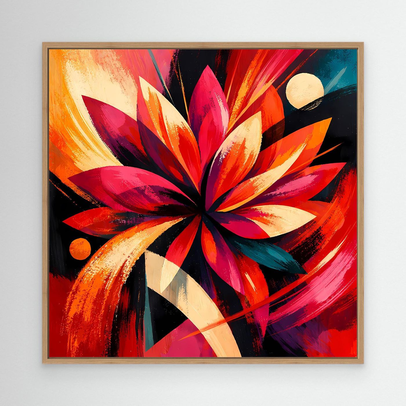 Leinwandbild mit abstrakter Blüte in Rot, Orange und Pink im Holzrahmen (Eiche)